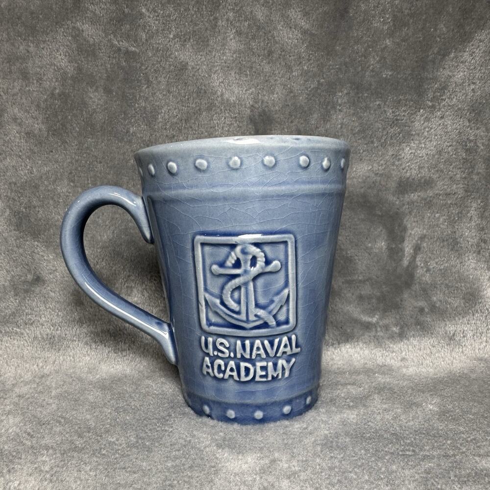 US Naval Academy Blue Stoneware Mug 5.25” Embossed Anchor Logo Tall Mug